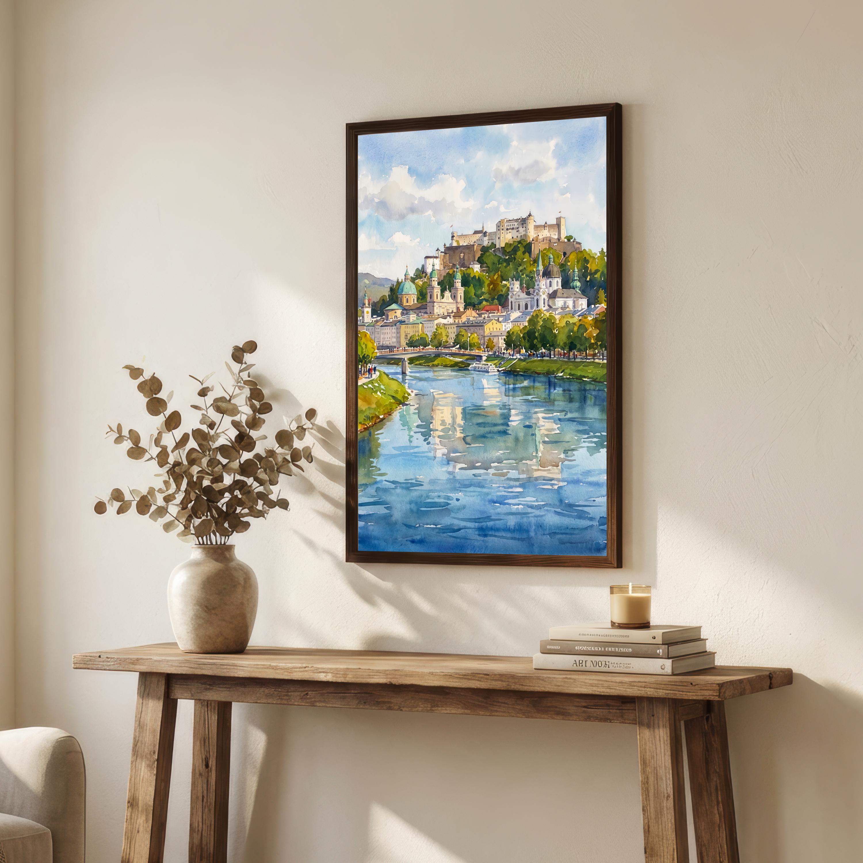 Salzburg Austria Watercolor Art Print Austrian City Wall Decor Alpine Landscape Travel Poster European Gift Home Décor