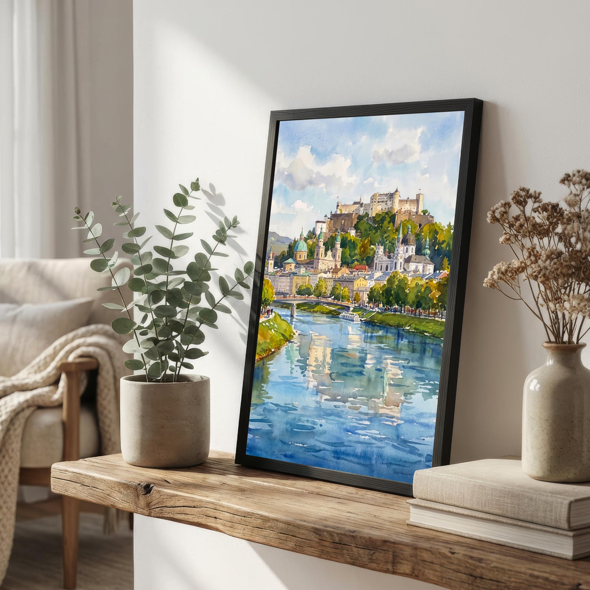 Salzburg Austria Watercolor Art Print Austrian City Wall Decor Alpine Landscape Travel Poster European Gift Home Décor