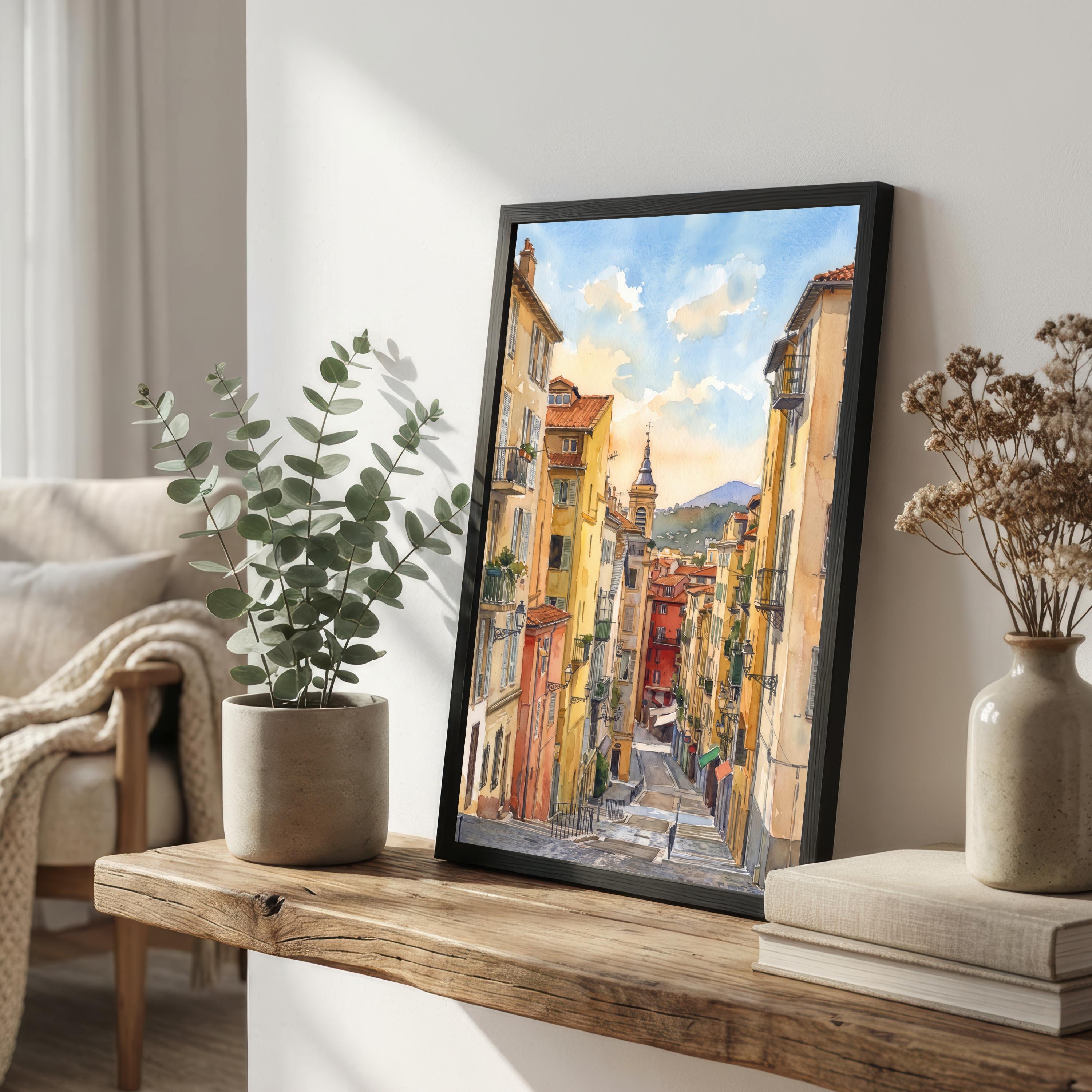 Nice France Watercolor Art Print French Riviera Wall Decor Mediterranean Coastal Landscape Travel Poster European Gift Home Décor