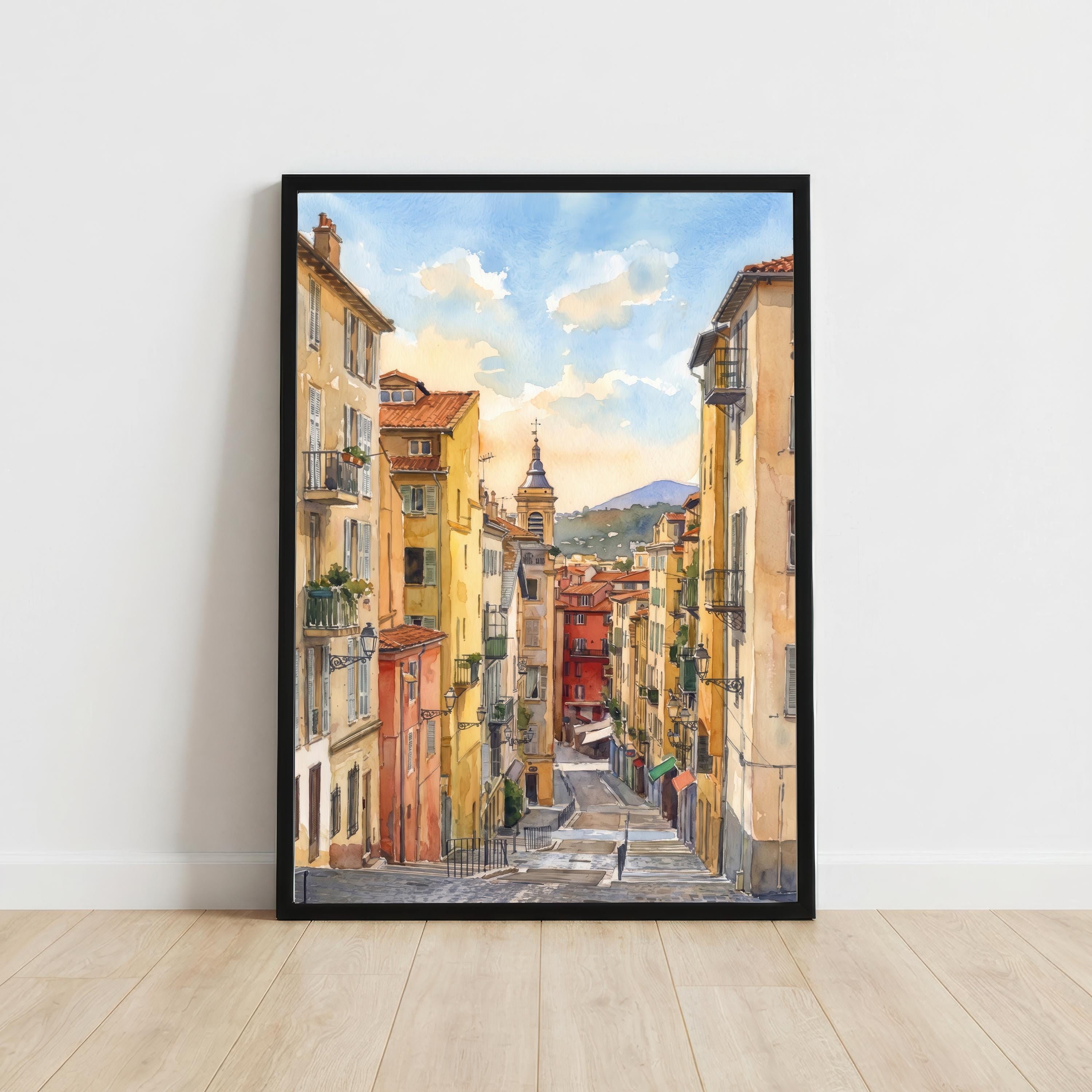Nice France Watercolor Art Print French Riviera Wall Decor Mediterranean Coastal Landscape Travel Poster European Gift Home Décor