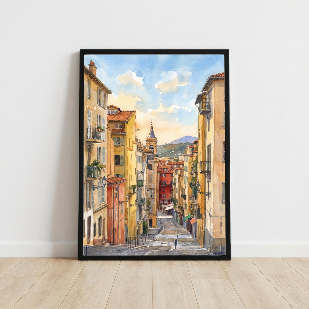 Nice France Watercolor Art Print French Riviera Wall Decor Mediterranean Coastal Landscape Travel Poster European Gift Home Décor