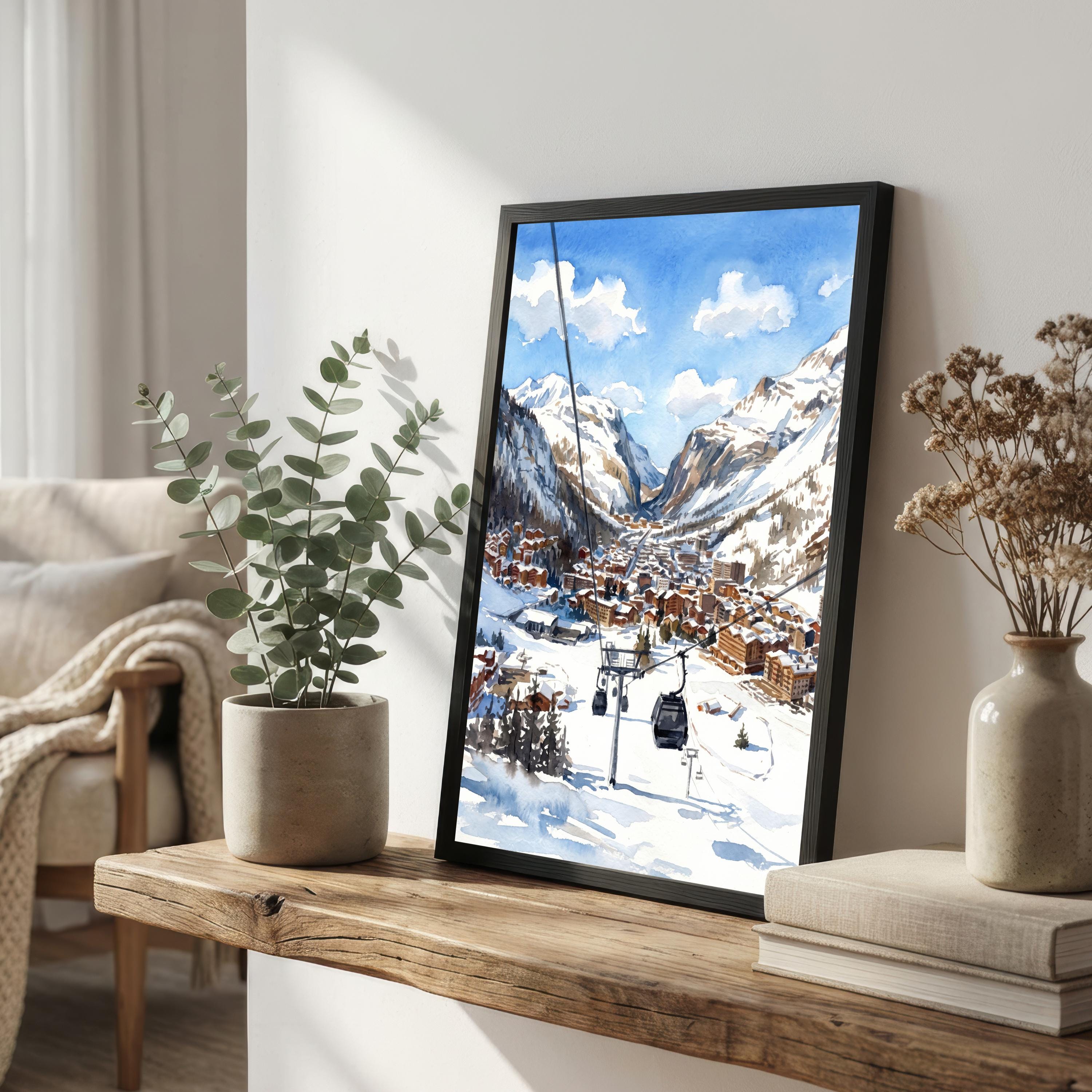 Val d'Isere France Watercolor Art Print French Alps Ski Resort Wall Decor Mountain Landscape Skiing Gift Travel Poster Home Décor