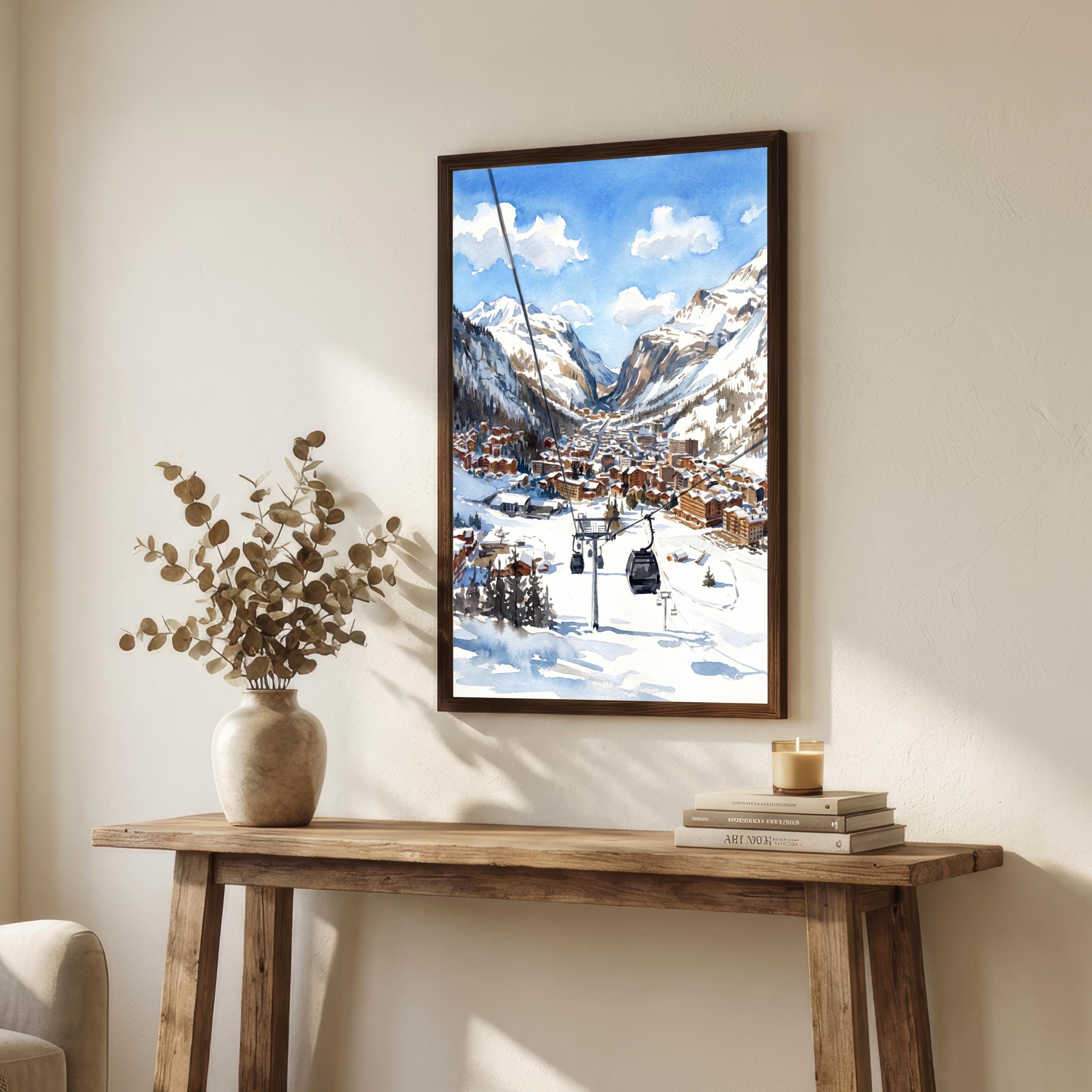 Val d'Isere France Watercolor Art Print French Alps Ski Resort Wall Decor Mountain Landscape Skiing Gift Travel Poster Home Décor