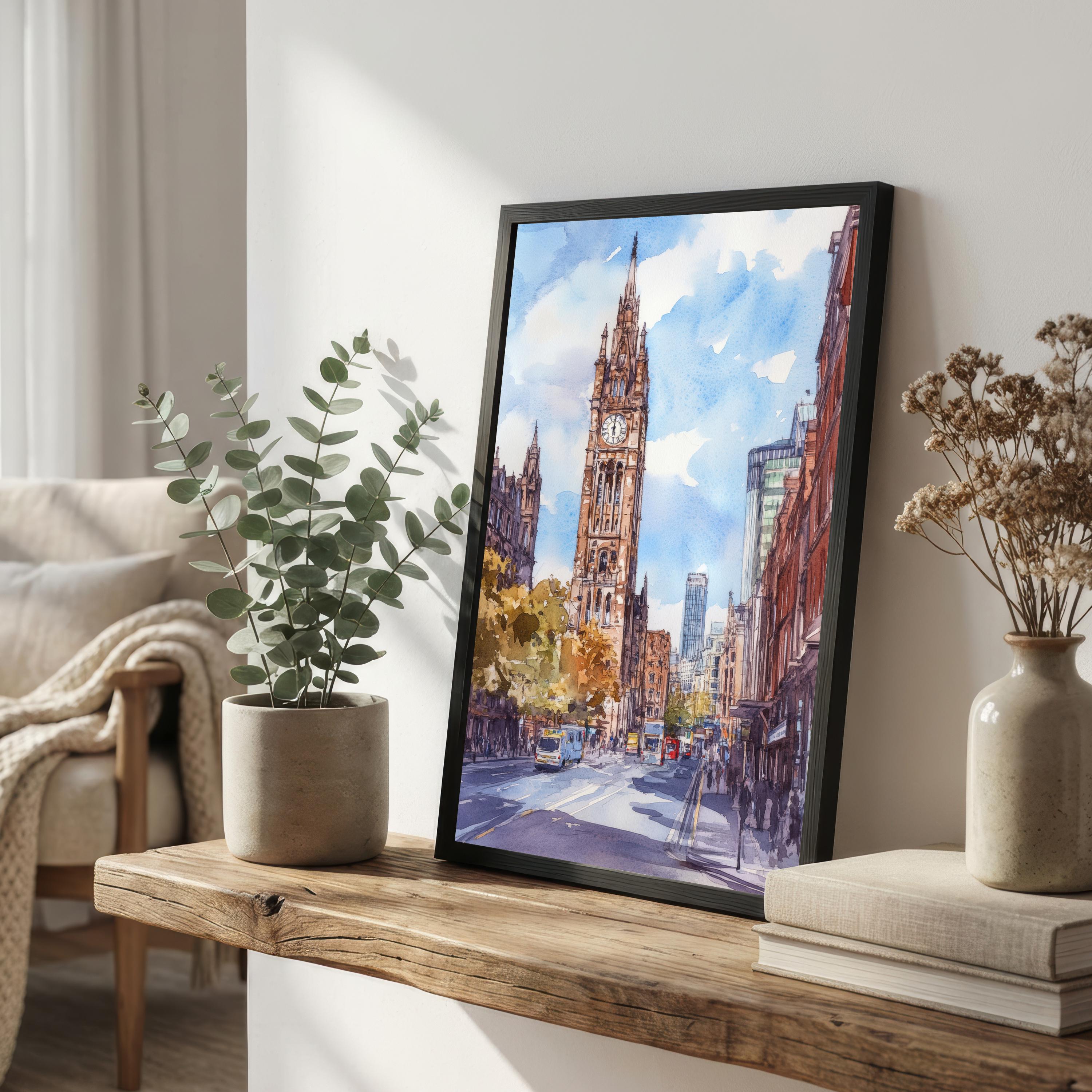 Manchester England Watercolor Art Print Northern City Wall Decor Industrial Heritage Travel Poster UK Gift Home Décor