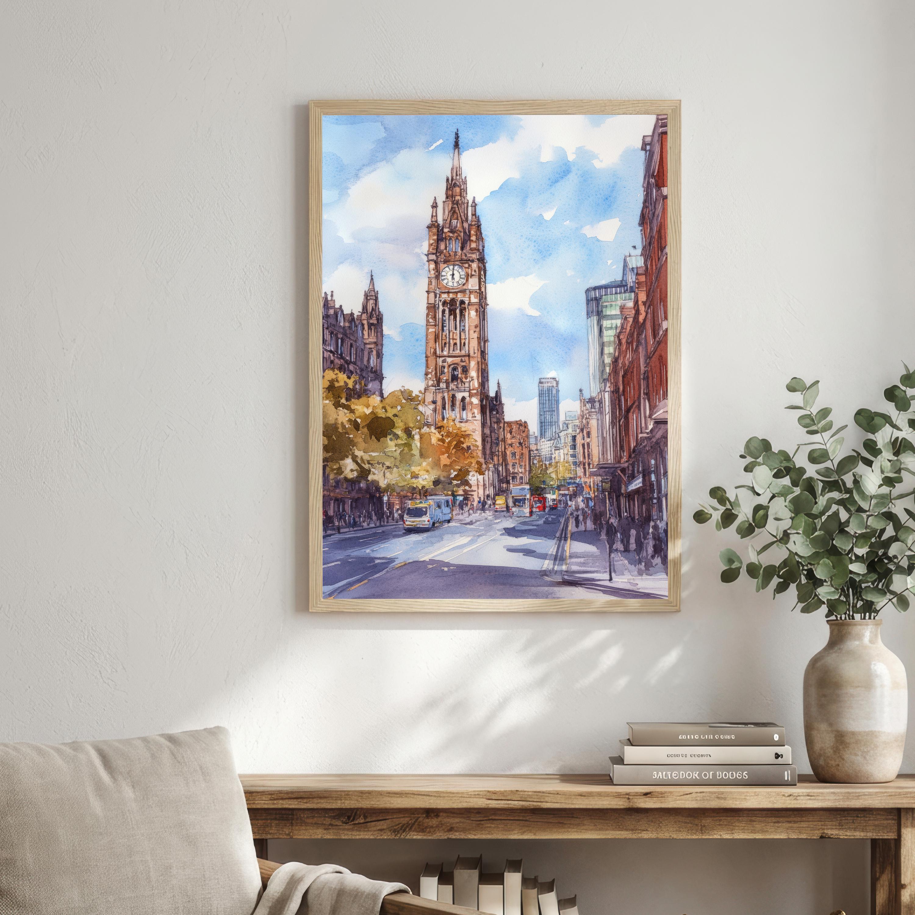 Manchester England Watercolor Art Print Northern City Wall Decor Industrial Heritage Travel Poster UK Gift Home Décor
