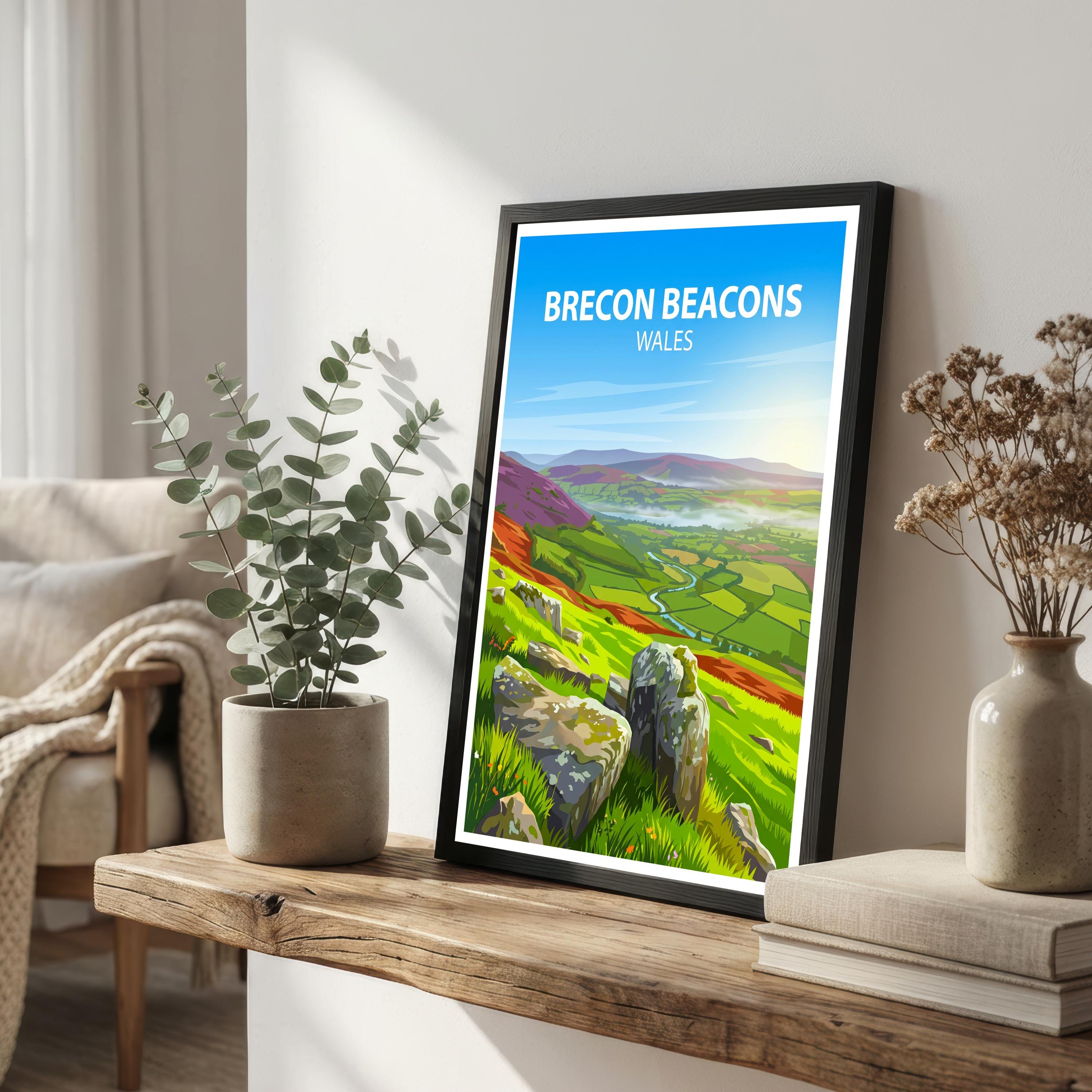 Brecon Beacons Wales Travel Print Mountain Landscape Wall Decor Welsh Countryside Travel Poster UK Gift Home Décor