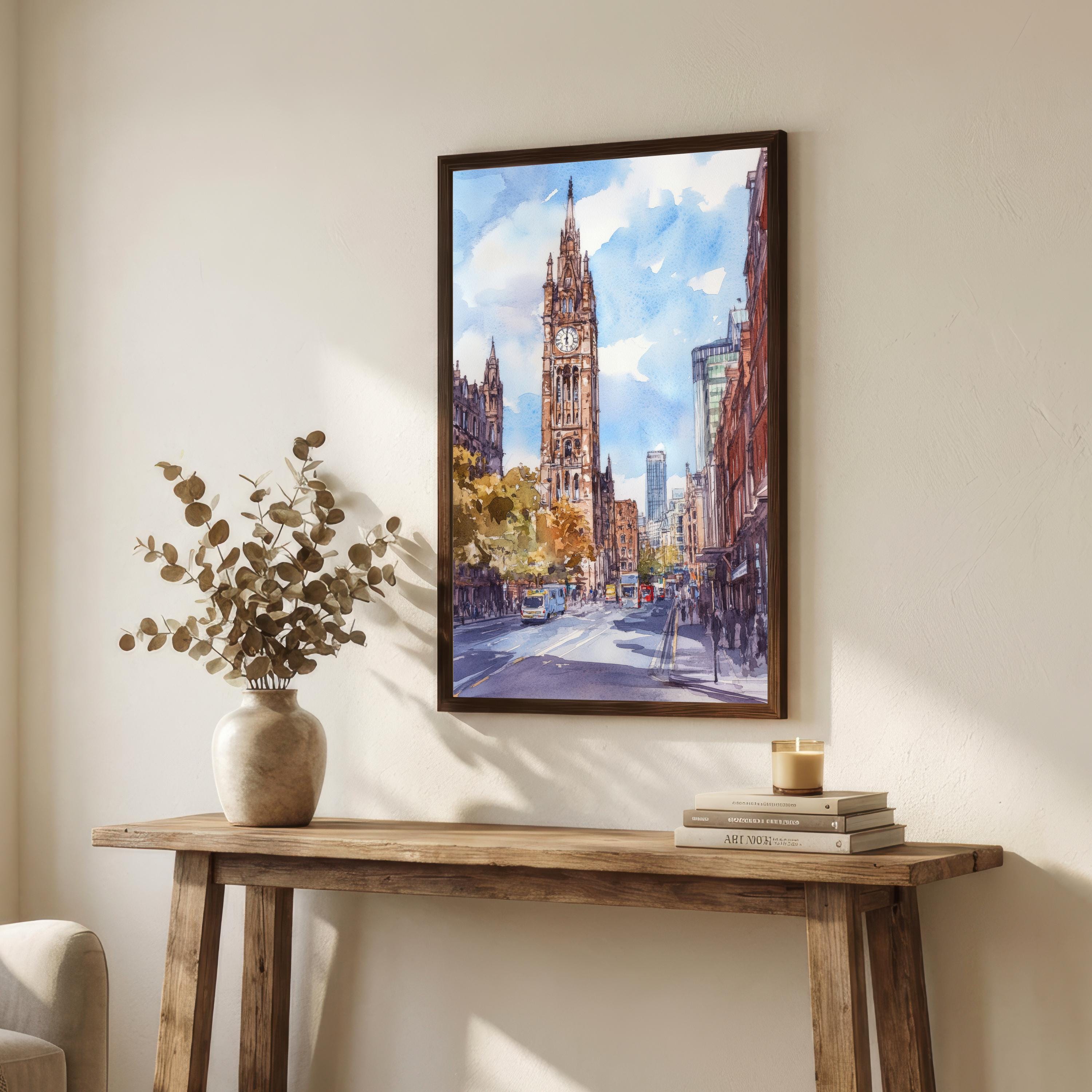 Manchester England Watercolor Art Print Northern City Wall Decor Industrial Heritage Travel Poster UK Gift Home Décor