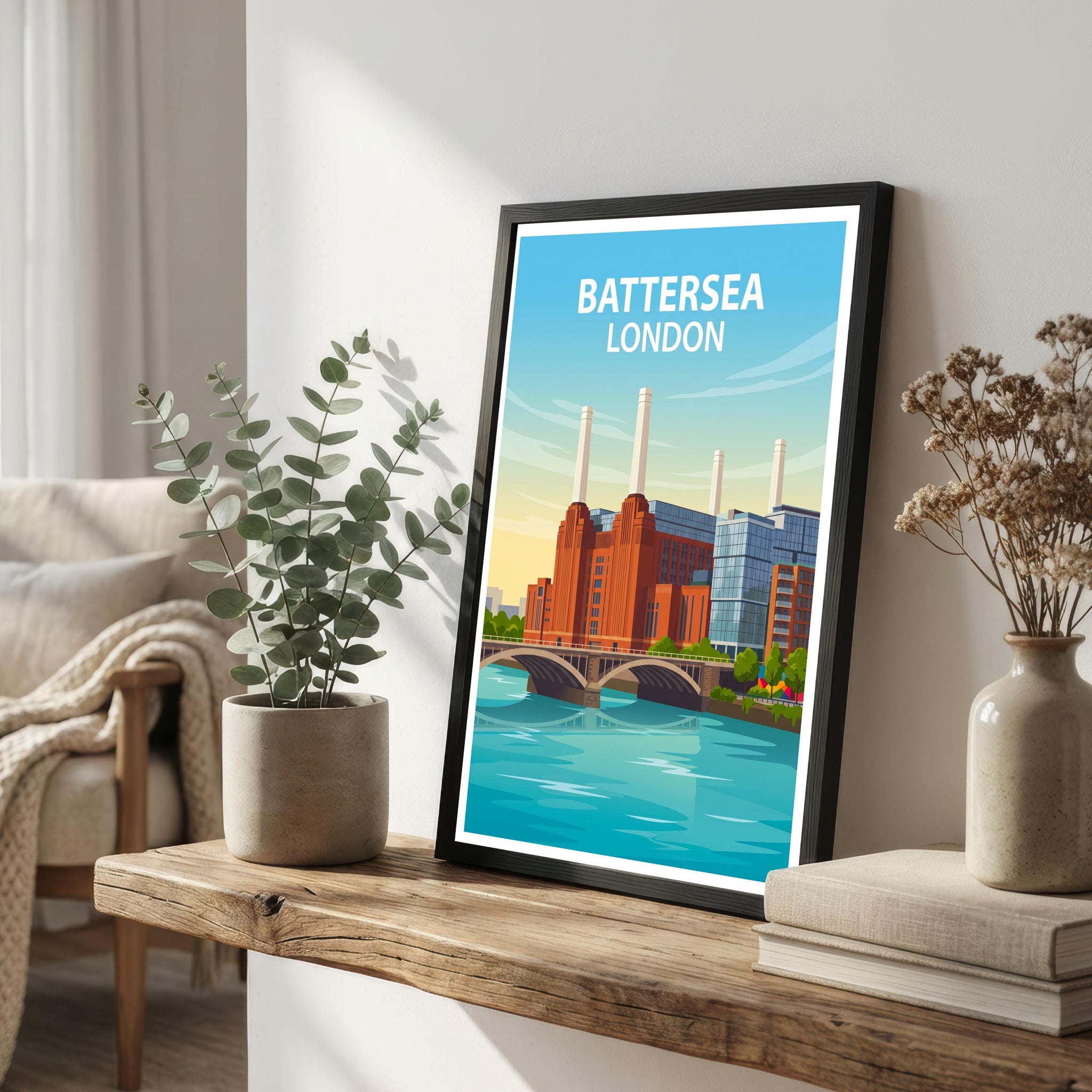 Battersea London Travel Print Riverside District Wall Decor Thames Landmark Travel Poster UK Gift Home Décor