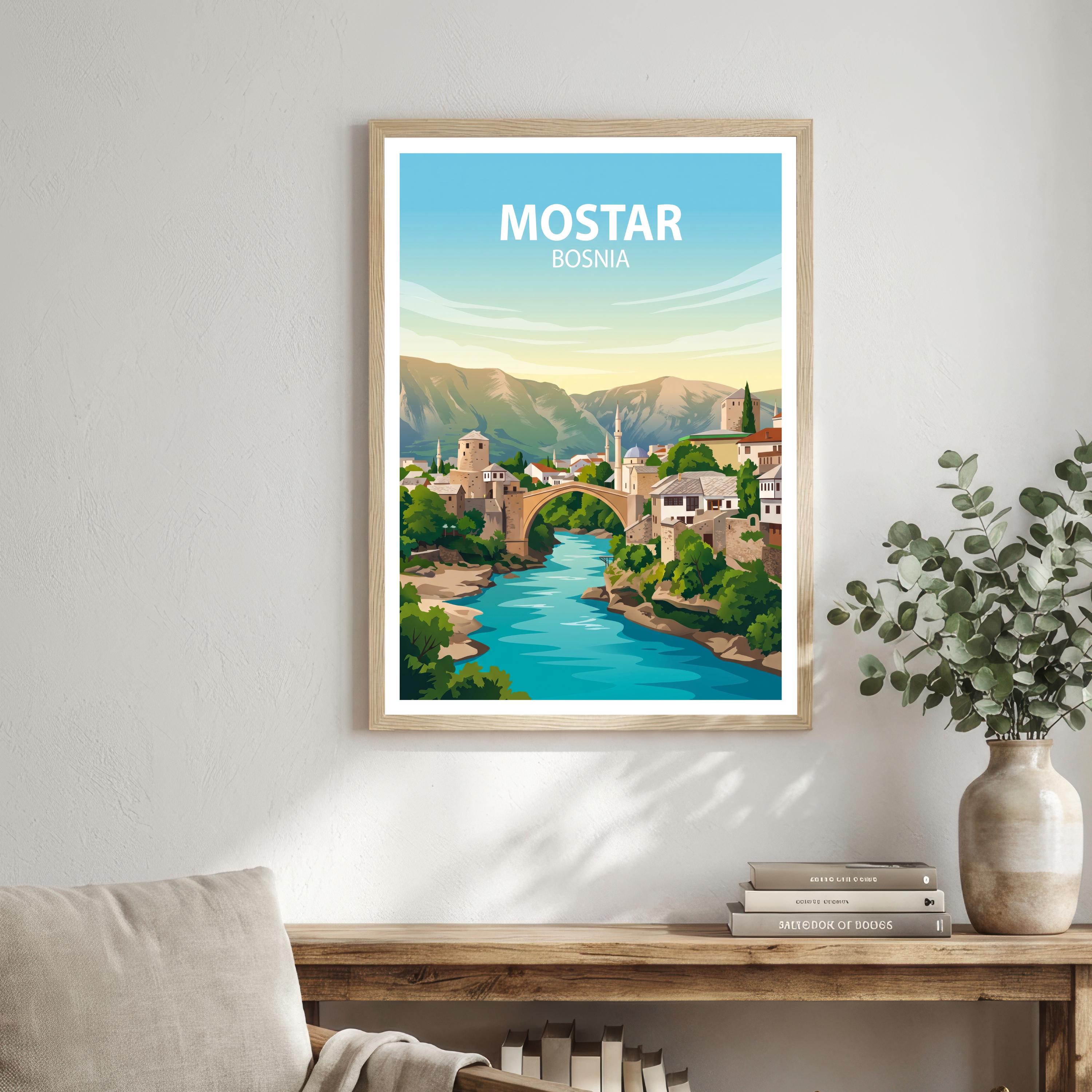 Mostar Bosnia Travel Print Historic Bridge Wall Decor Balkan Landmark Travel Poster European Gift Home Décor