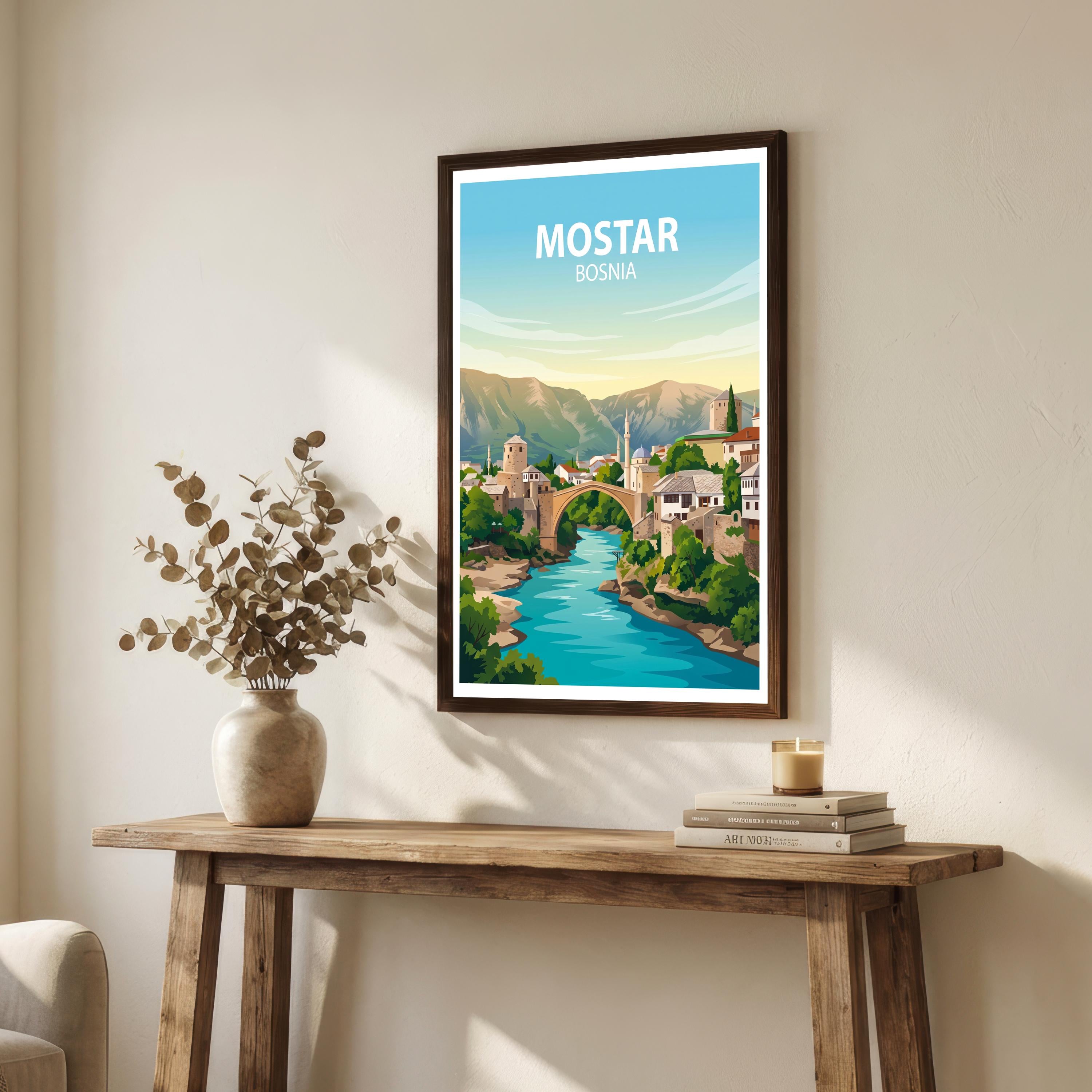 Mostar Bosnia Travel Print Historic Bridge Wall Decor Balkan Landmark Travel Poster European Gift Home Décor