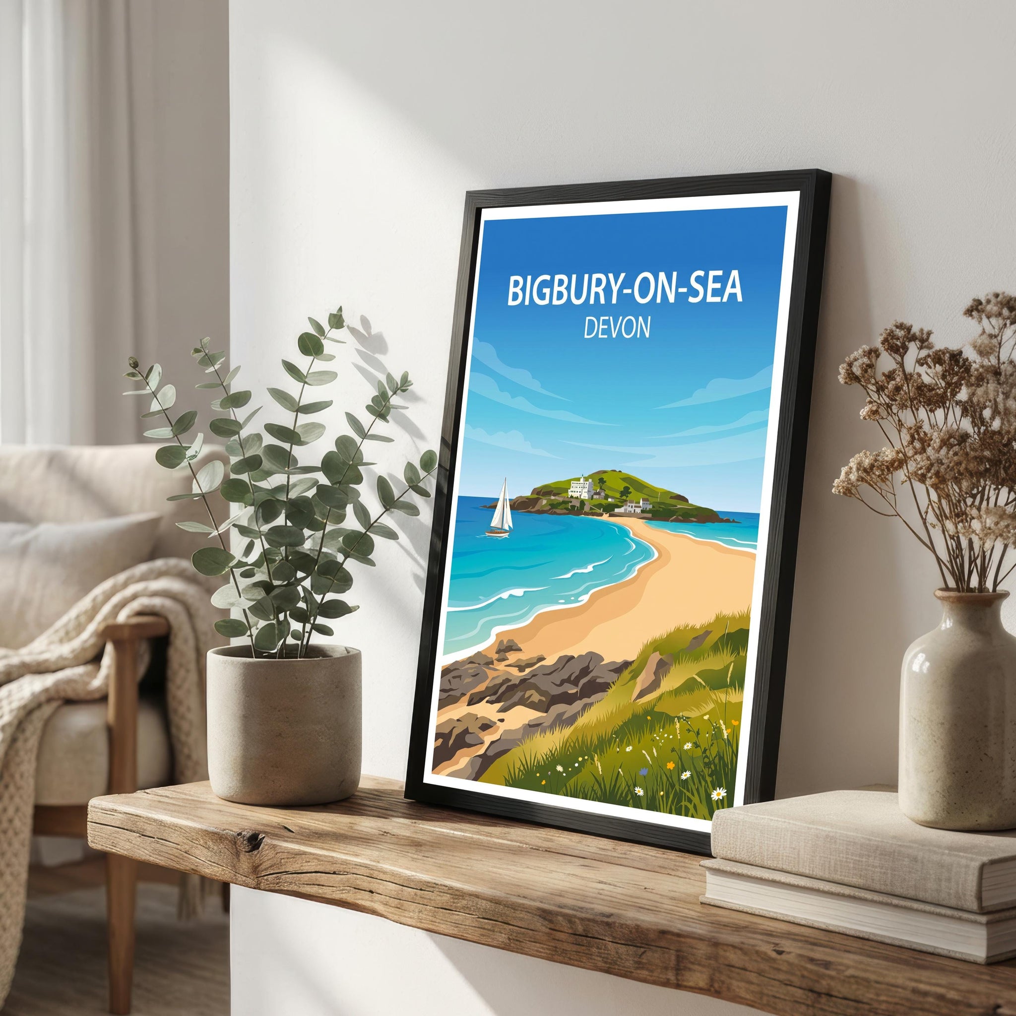 Bigbury-on-Sea Devon Travel Print Coastal Village Wall Decor South Devon Beach Travel Poster UK Gift Home Décor