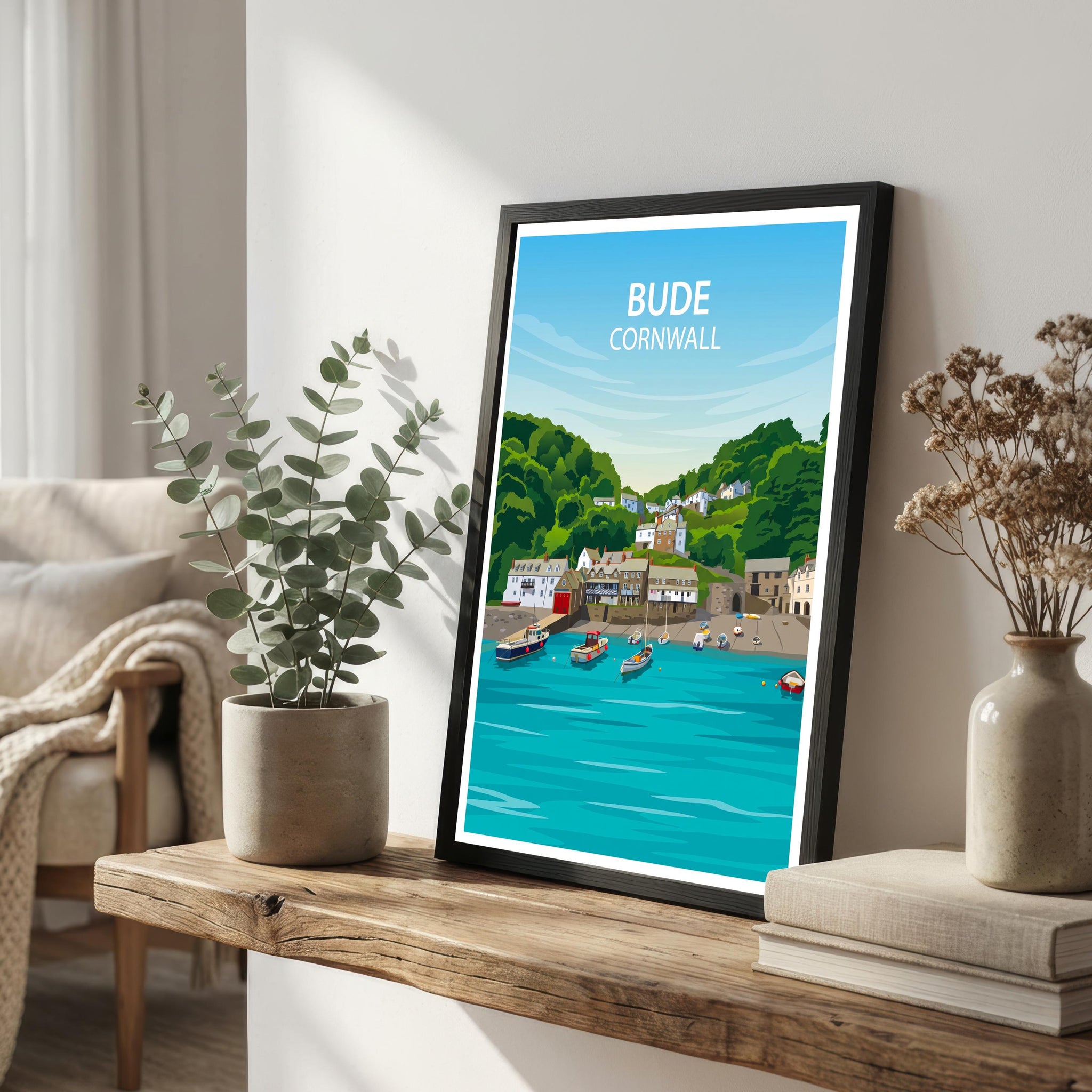 Bude Cornwall Travel Print Coastal Town Wall Decor Cornish Seaside Travel Poster UK Gift Home Décor