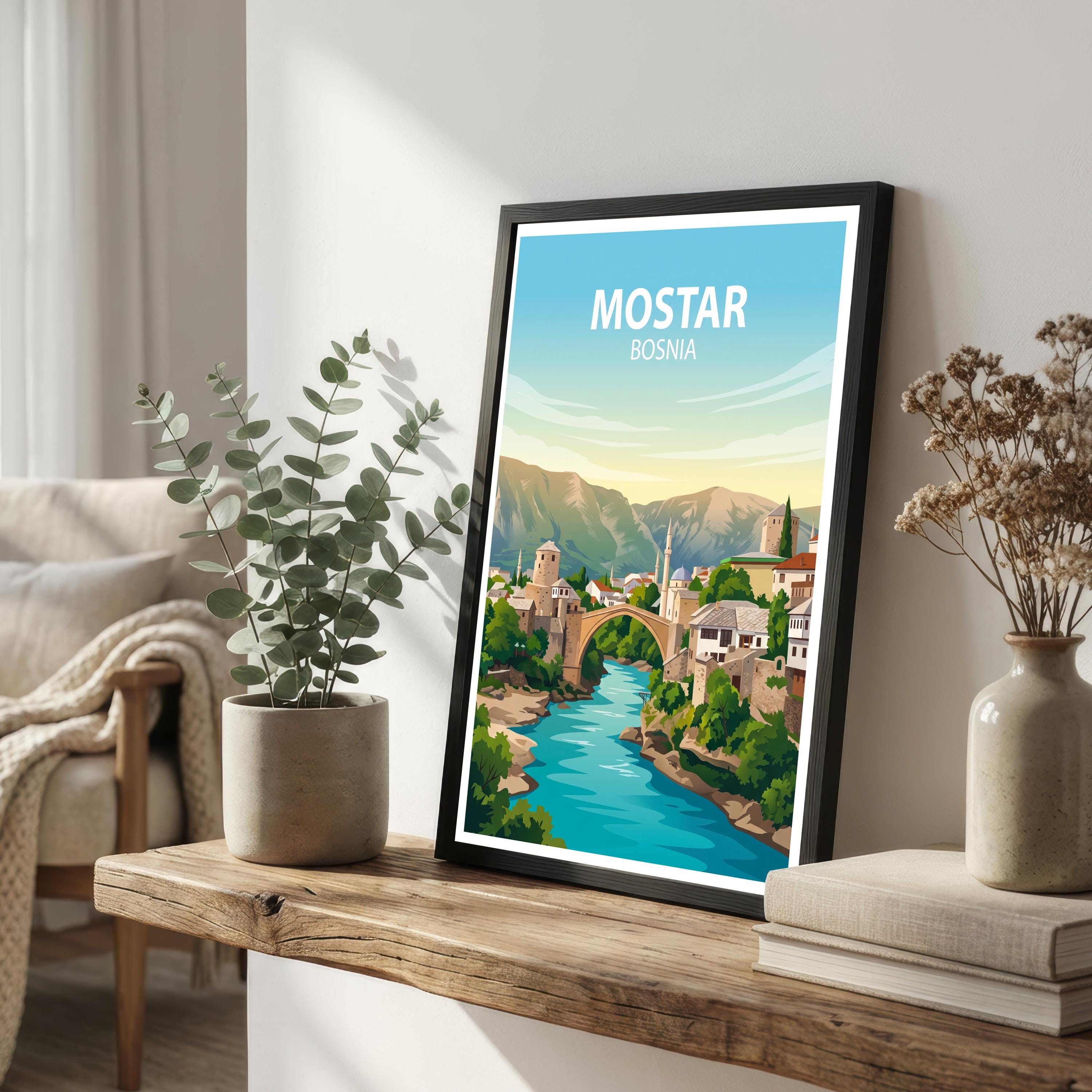 Mostar Bosnia Travel Print Historic Bridge Wall Decor Balkan Landmark Travel Poster European Gift Home Décor
