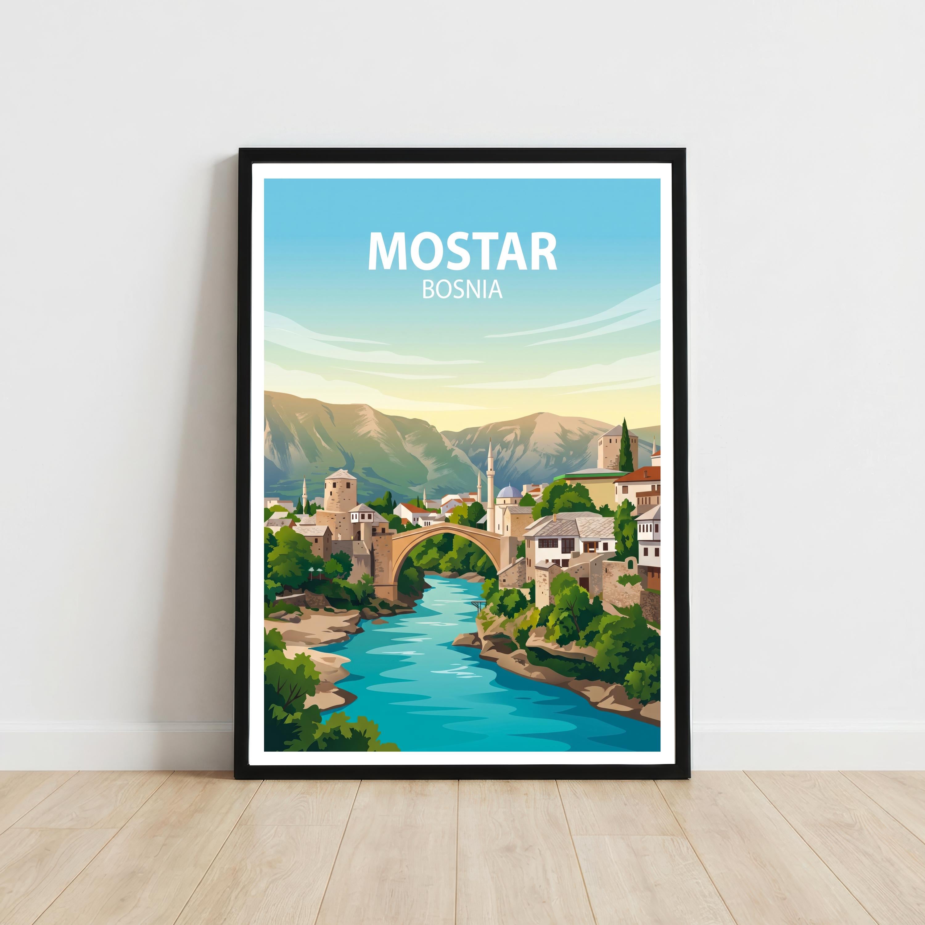 Mostar Bosnia Travel Print Historic Bridge Wall Decor Balkan Landmark Travel Poster European Gift Home Décor