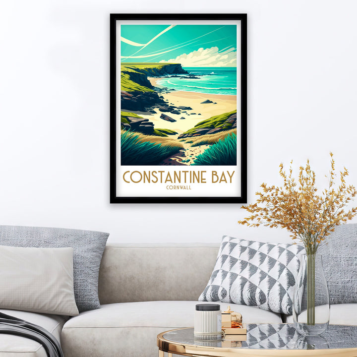 Constantine Bay Travel Print | Constantine Print | Porthcurno Beach | Cornwall Print | Cornwall Artwork | Penzance | Cornwall Beaches