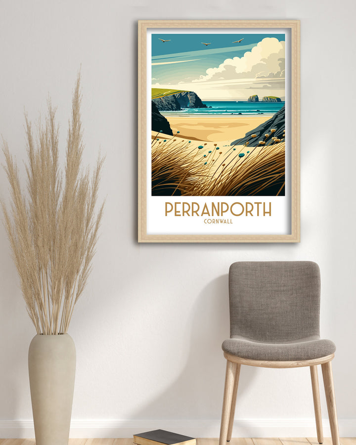 Perranporth Travel Print | Beach | Perranporth Print | Cornwall Beach | Beach Print | Perranporth Poster