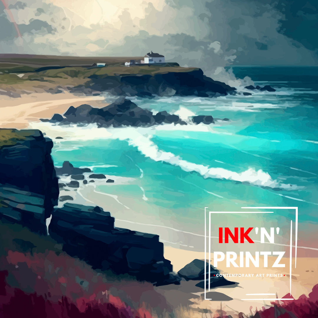 Constantine Bay Travel Print | Constantine Print | Porthcurno Beach | Cornwall Print | Cornwall Artwork | Penzance | Cornwall Beaches