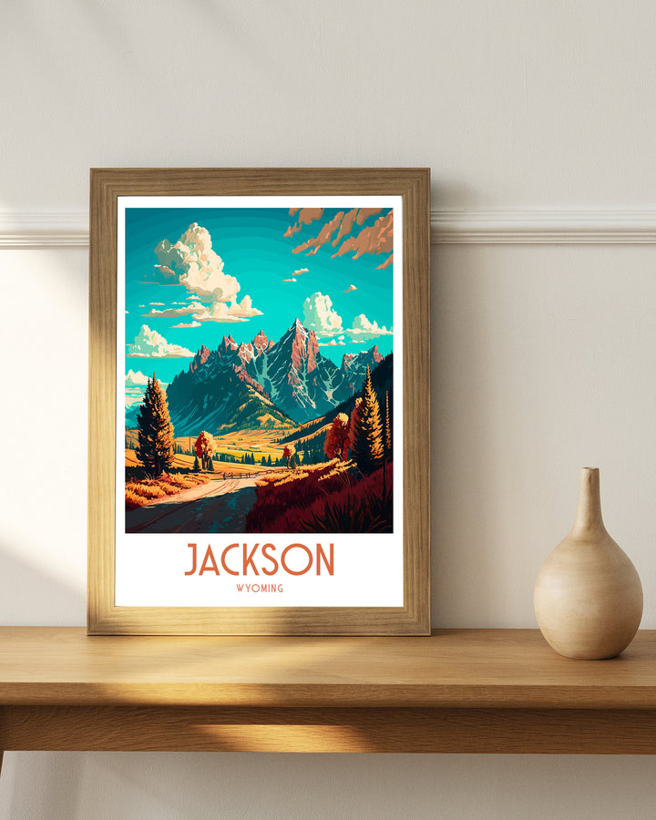 Jackson Wyoming Travel Poster Grand Tetons Illustration Cowboy State Wall Art USA Home Decor Gift for Wyoming Enthusiast