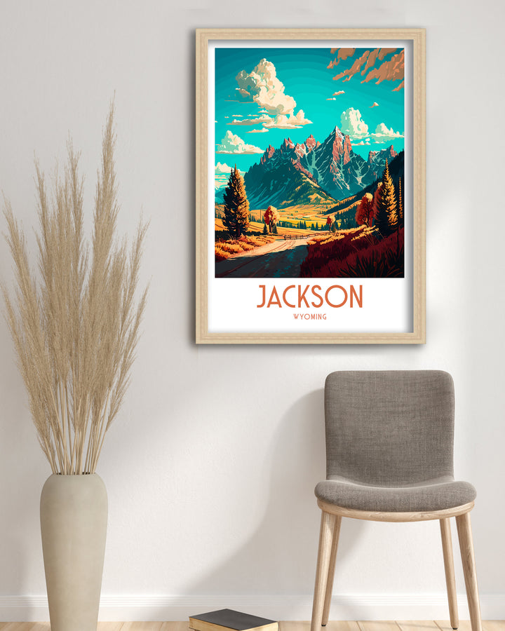 Jackson Wyoming Travel Poster Grand Tetons Illustration Cowboy State Wall Art USA Home Decor Gift for Wyoming Enthusiast