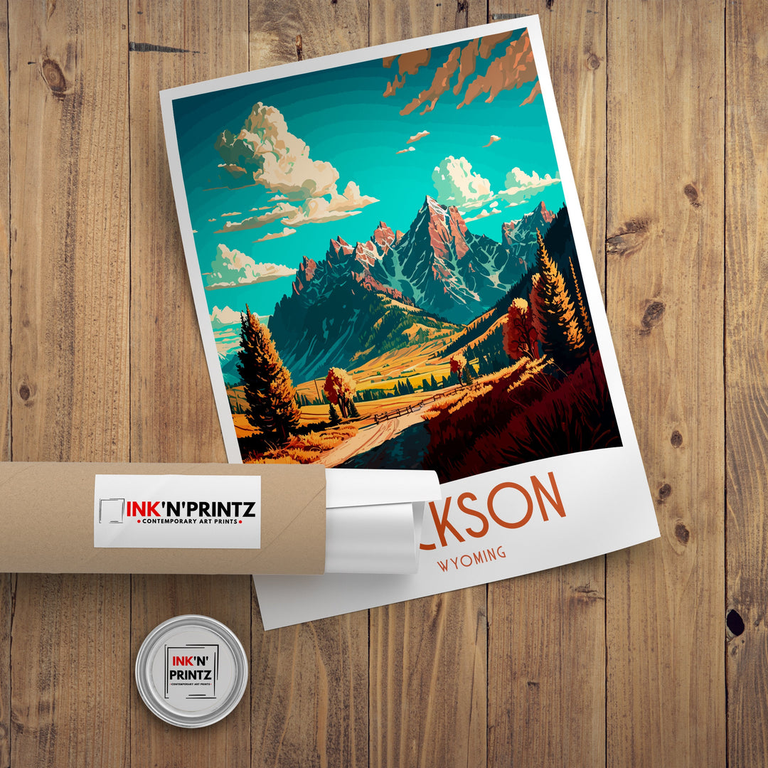 Jackson Wyoming Travel Poster Grand Tetons Illustration Cowboy State Wall Art USA Home Decor Gift for Wyoming Enthusiast