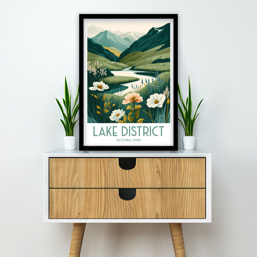 Lake District Travel Poster UK National Park Wall Art - England Travel Poster Lake District Home Decor Gift for Hikers - Nature Illustration