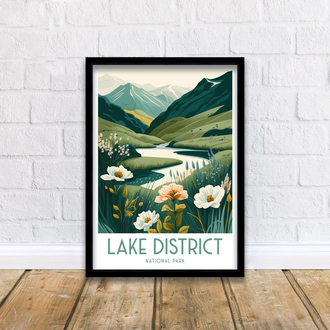 Lake District Travel Poster UK National Park Wall Art - England Travel Poster Lake District Home Decor Gift for Hikers - Nature Illustration