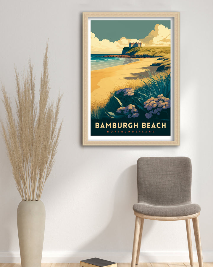 Bamburgh Beach Northumberland Travel Poster Bamburgh Castle Coastal Wall Art Northumberland Beach Decor UK Beach Illustration Travel Poster