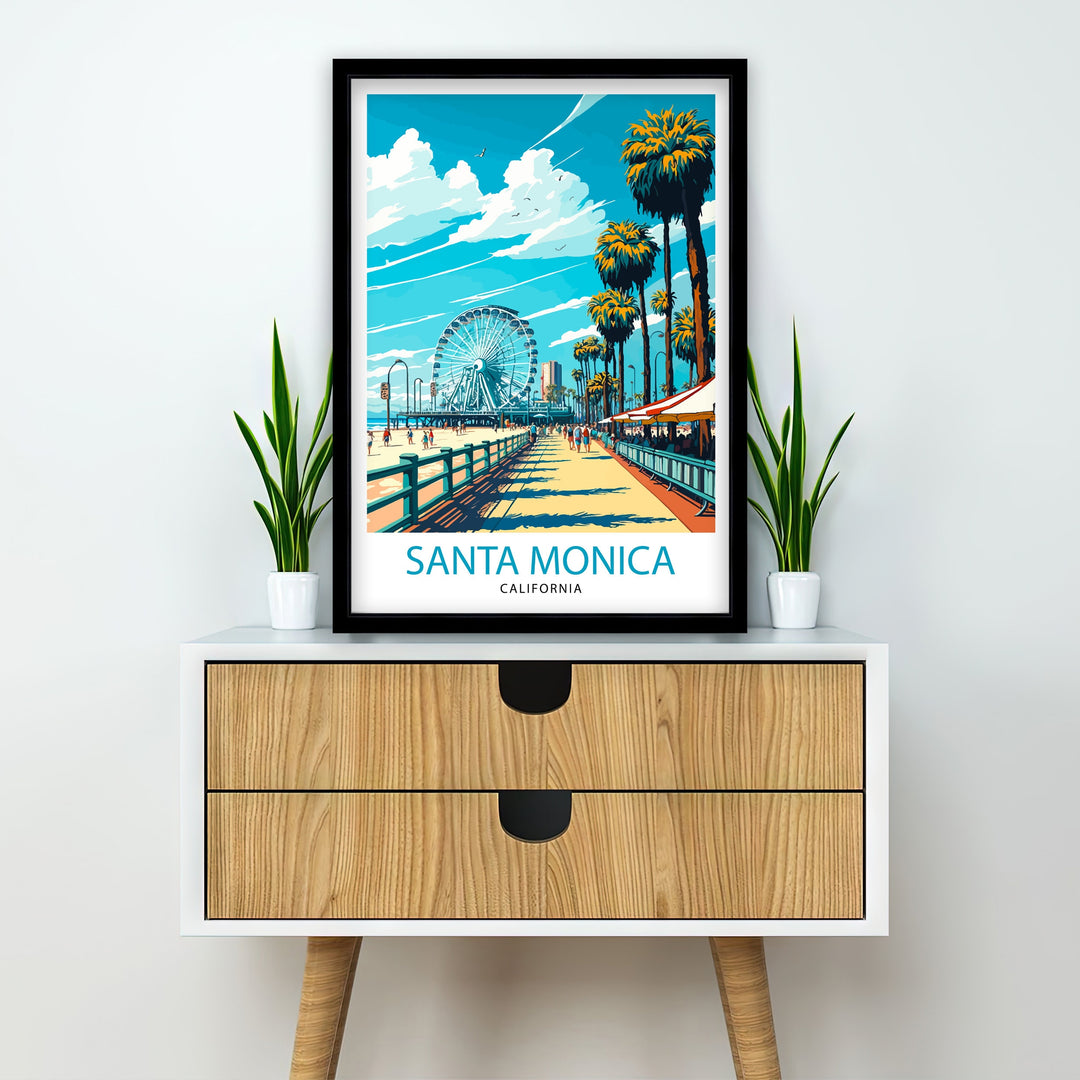 Santa Monica Beach Travel Poster California Wall Art Beach Decor Santa Monica Pier Travel Poster Gift for Beach Lovers