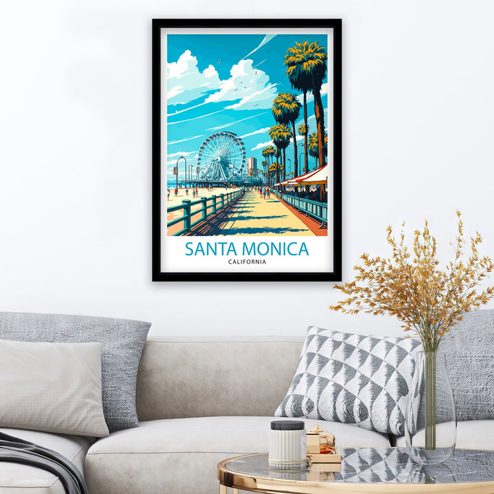 Santa Monica Beach Travel Poster California Wall Art Beach Decor Santa Monica Pier Travel Poster Gift for Beach Lovers