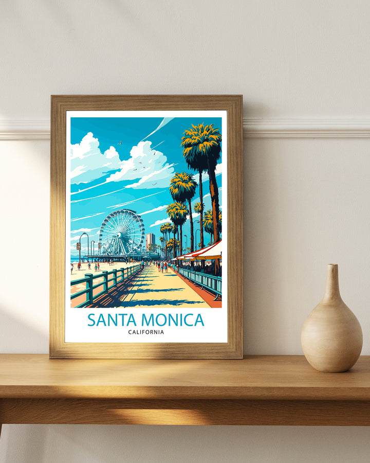 Santa Monica Beach Travel Poster California Wall Art Beach Decor Santa Monica Pier Travel Poster Gift for Beach Lovers