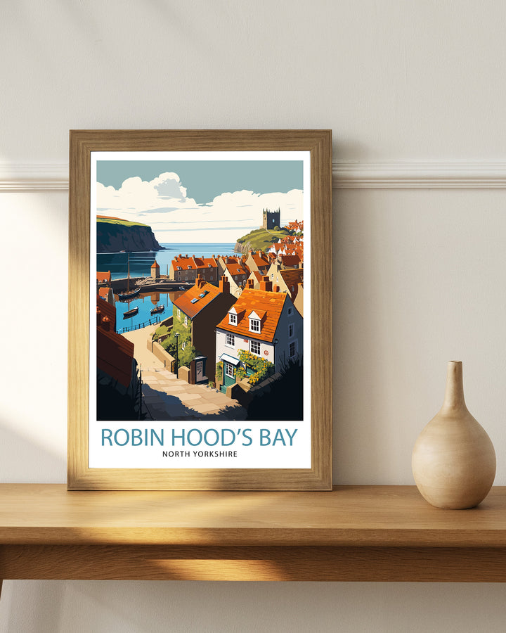 Robin Hood's Bay Yorkshire Travel Poster Wall Art Decor Yorkshire Coastal Town Illustration Poster Gift for Travelers and Yorkshire Lovers