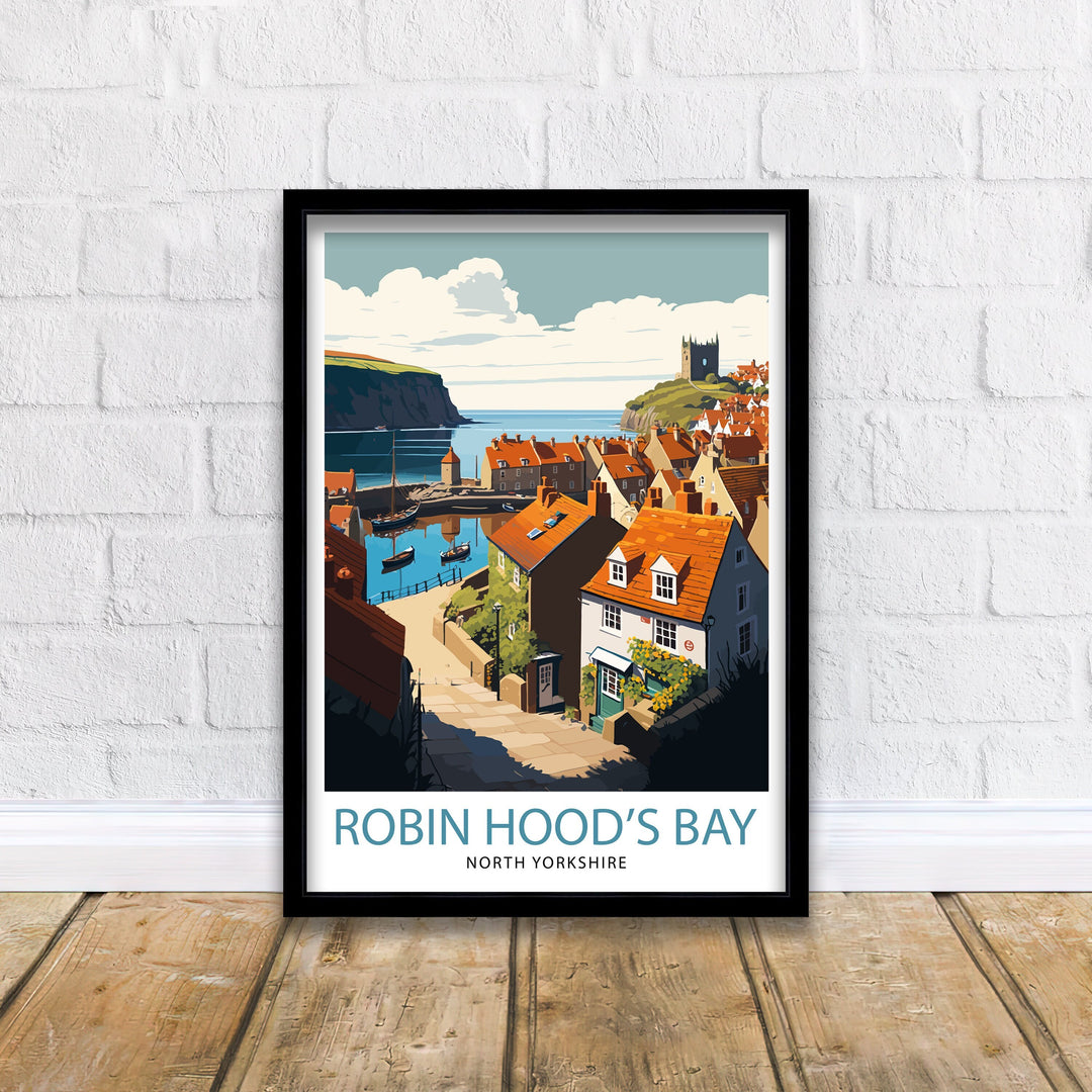 Robin Hood's Bay Yorkshire Travel Poster Wall Art Decor Yorkshire Coastal Town Illustration Poster Gift for Travelers and Yorkshire Lovers