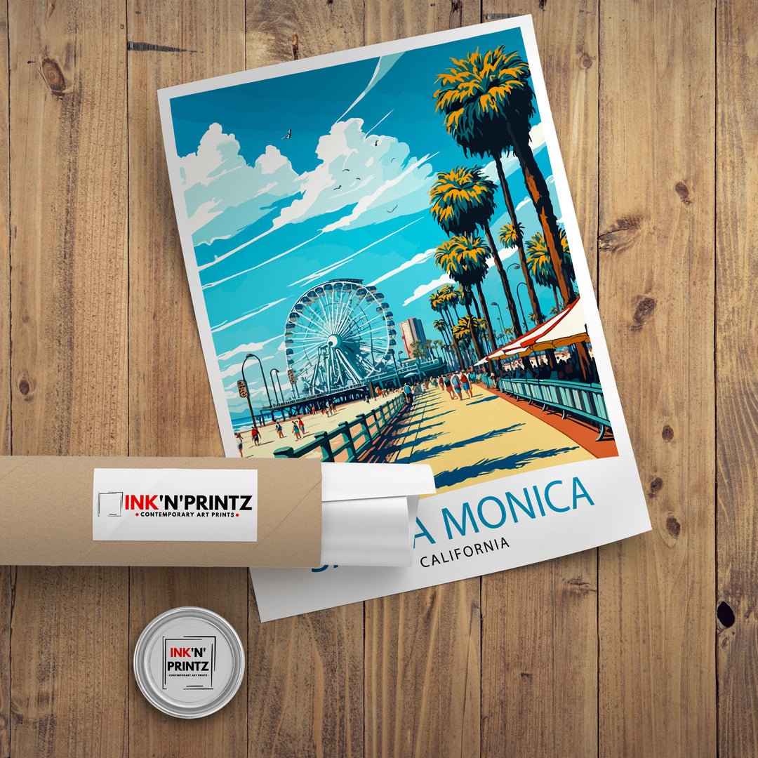 Santa Monica Beach Travel Poster California Wall Art Beach Decor Santa Monica Pier Travel Poster Gift for Beach Lovers