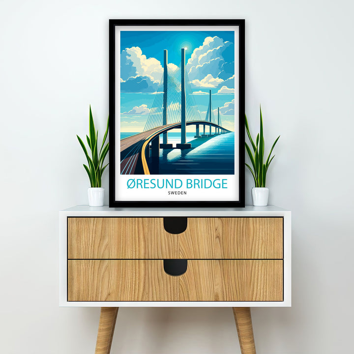 Oresund Bridge Sweden Travel Poster Wall Decor, Home Living Decor Sweden Illustration Travel Poster Gift For Sweden Lovers Home Decor