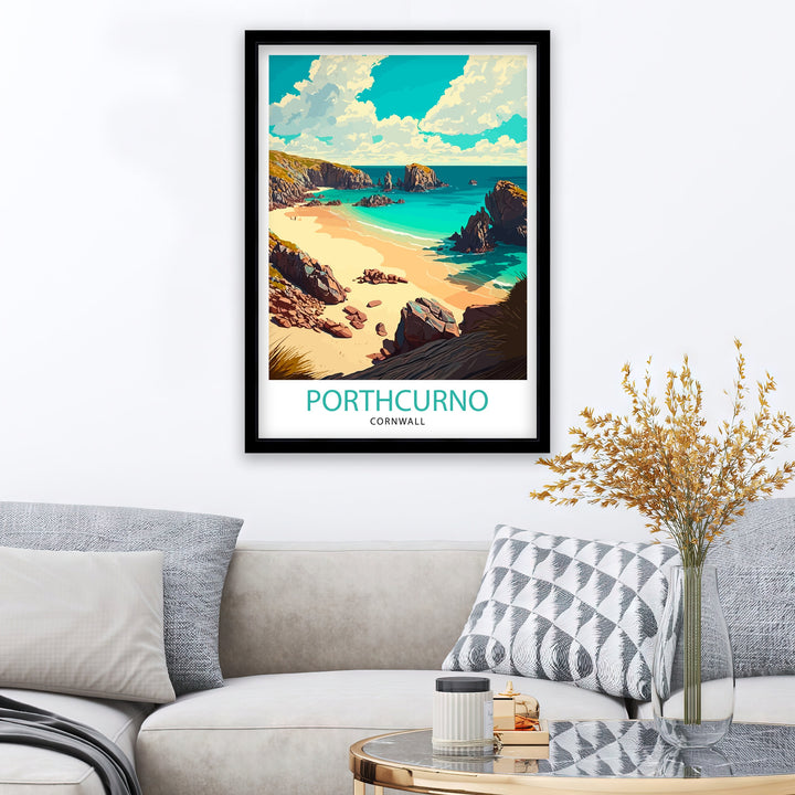 Porthcurno Cornwall Travel Poster Porthcurno Wall Art Porthcurno Beach Illustration Cornwall Travel Poster Porthcurno Home Decor