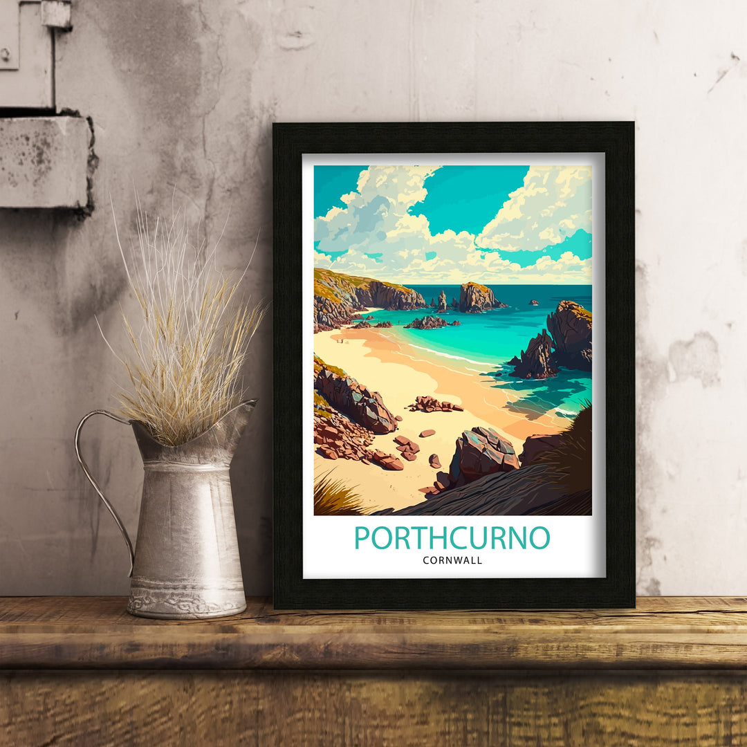 Porthcurno Cornwall Travel Poster Porthcurno Wall Art Porthcurno Beach Illustration Cornwall Travel Poster Porthcurno Home Decor