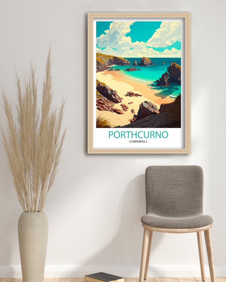 Porthcurno Cornwall Travel Poster Porthcurno Wall Art Porthcurno Beach Illustration Cornwall Travel Poster Porthcurno Home Decor