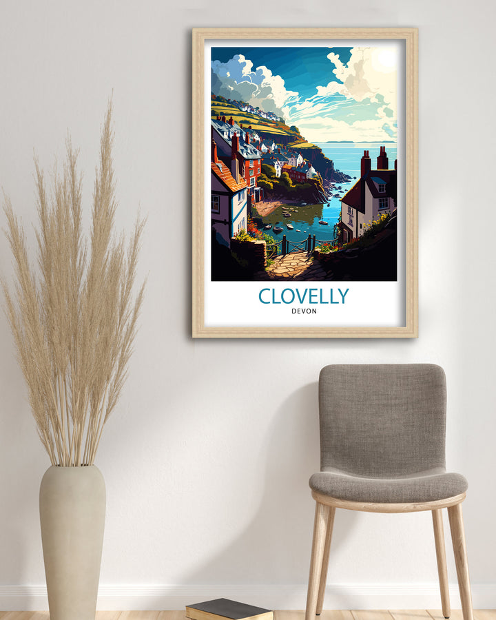 Clovelly Devon Travel Poster Clovelly Wall Art Devon Coastal Town Illustration Travel Poster Gift Devon Home Decor