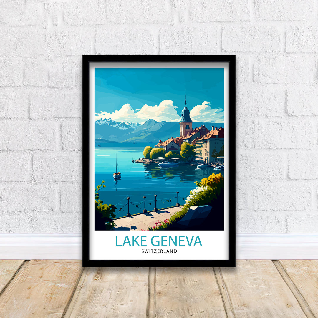 Lake Geneva Switzerland Travel Poster Lake Geneva Wall Art Switzerland Travel Poster Lake Geneva Home Decor Lake Geneva Illustration