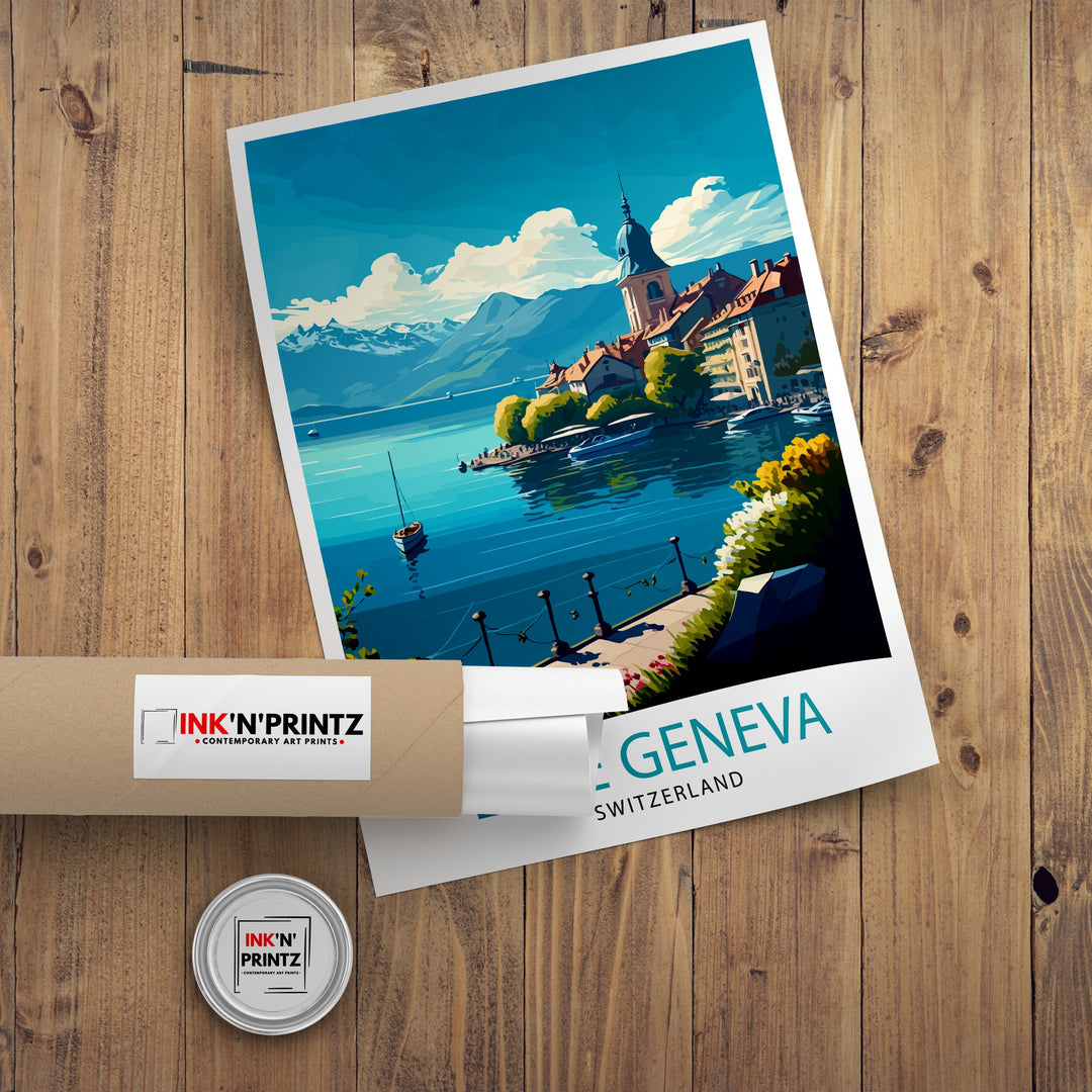 Lake Geneva Switzerland Travel Poster Lake Geneva Wall Art Switzerland Travel Poster Lake Geneva Home Decor Lake Geneva Illustration