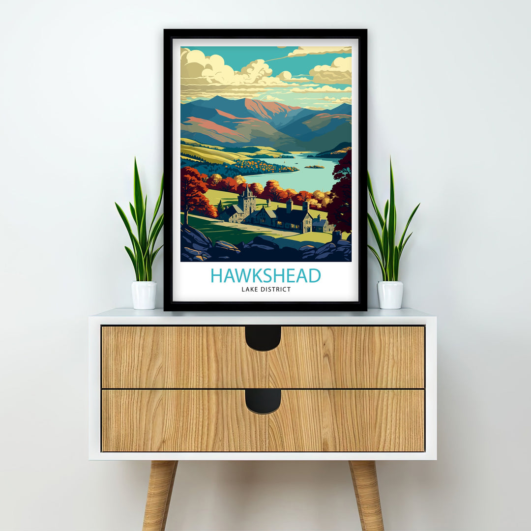 Hawkshead Lake District Travel Poster Wall Art Decor UK Travel Poster Gift For Travelers Lake District Illustration Home Decor