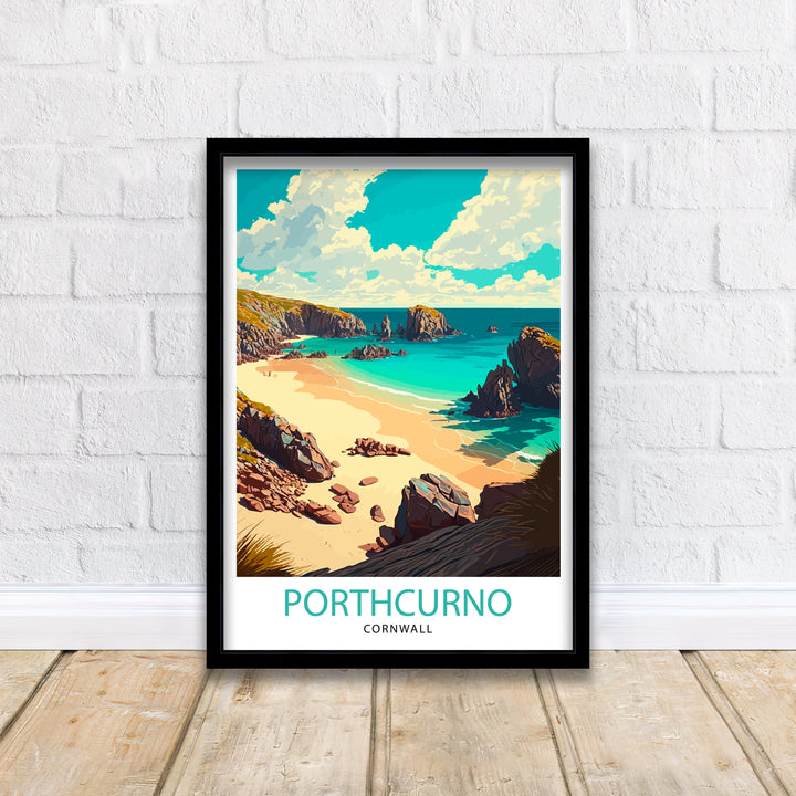 Porthcurno Cornwall Travel Poster Porthcurno Wall Art Porthcurno Beach Illustration Cornwall Travel Poster Porthcurno Home Decor