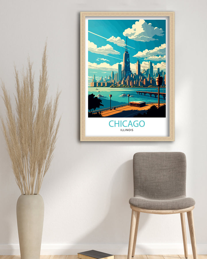 Chicago Travel Poster Chicago Wall Art Chicago Skyline Decor Illinois Travel Poster Chicago Cityscape Art Chicago Gift Chicago Home Decor