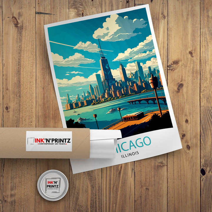 Chicago Travel Poster Chicago Wall Art Chicago Skyline Decor Illinois Travel Poster Chicago Cityscape Art Chicago Gift Chicago Home Decor