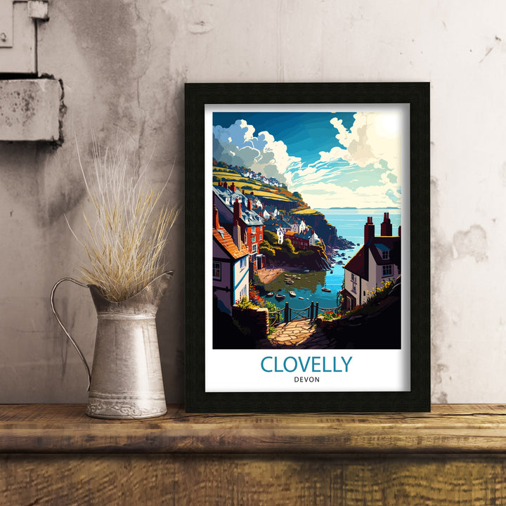 Clovelly Devon Travel Poster Clovelly Wall Art Devon Coastal Town Illustration Travel Poster Gift Devon Home Decor