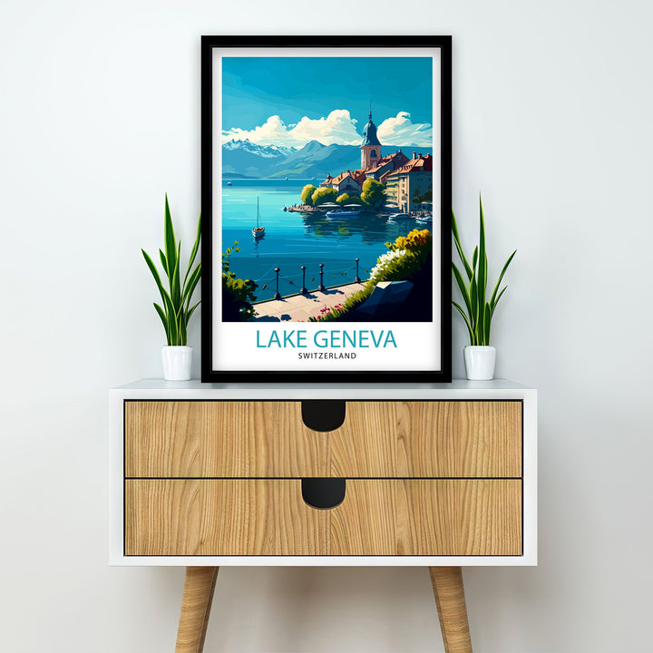 Lake Geneva Switzerland Travel Poster Lake Geneva Wall Art Switzerland Travel Poster Lake Geneva Home Decor Lake Geneva Illustration