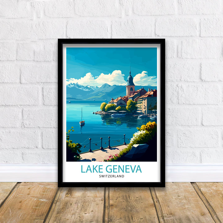 Lake Geneva Switzerland Travel Poster Lake Geneva Wall Art Switzerland Travel Poster Lake Geneva Home Decor Lake Geneva Illustration