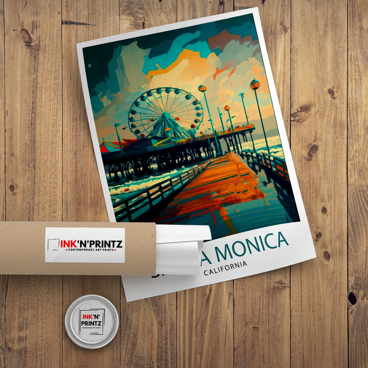 Santa Monica Pier Travel Poster California Beach Wall Art Santa Monica Pier Illustration Travel Poster Gift For Santa Monica Beach Home Decor