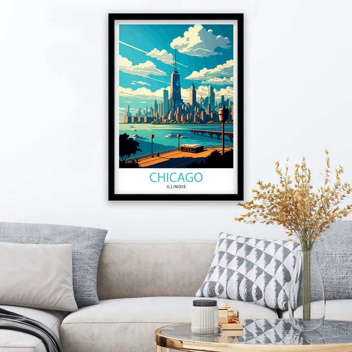 Chicago Travel Poster Chicago Wall Art Chicago Skyline Decor Illinois Travel Poster Chicago Cityscape Art Chicago Gift Chicago Home Decor