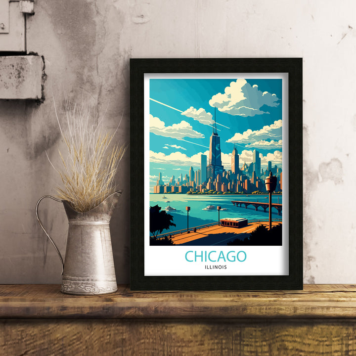 Chicago Travel Poster Chicago Wall Art Chicago Skyline Decor Illinois Travel Poster Chicago Cityscape Art Chicago Gift Chicago Home Decor